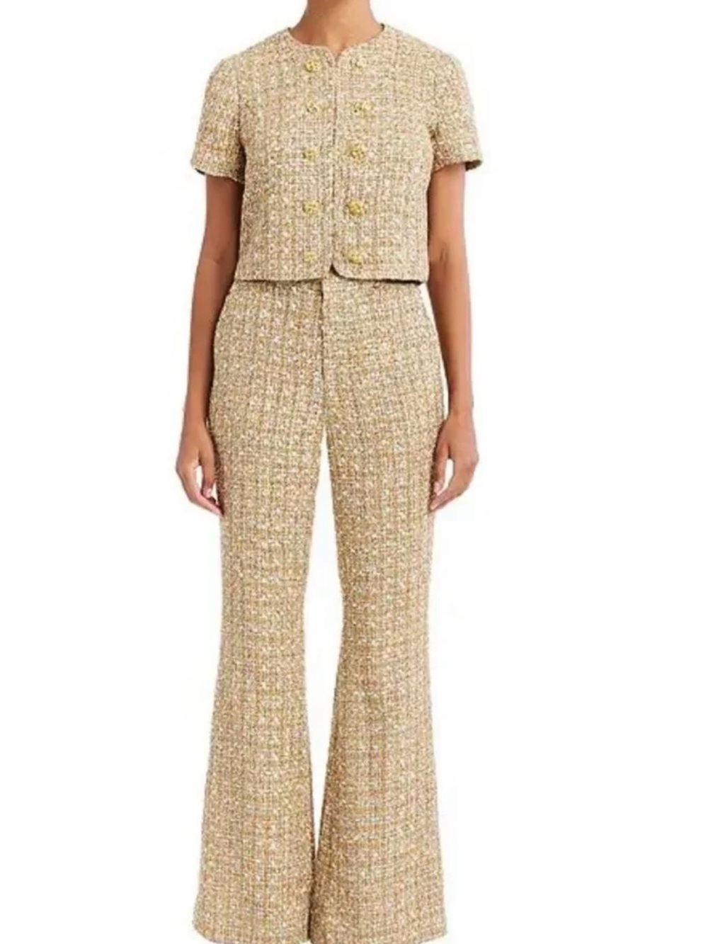 Textured Beige Tweed Boot-Cut Pants